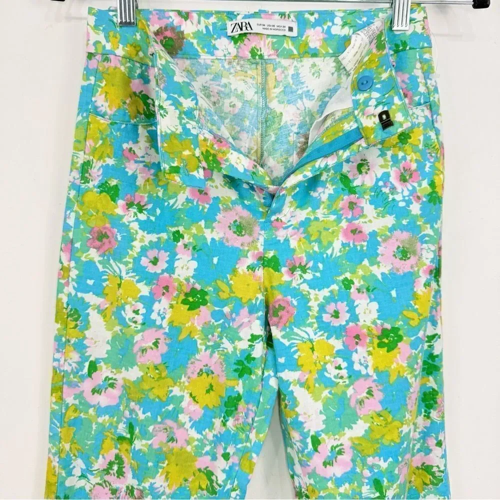 Zara Colorful Floral Retro Inspired Linen Blend High Rise Cropped Ankle Pants